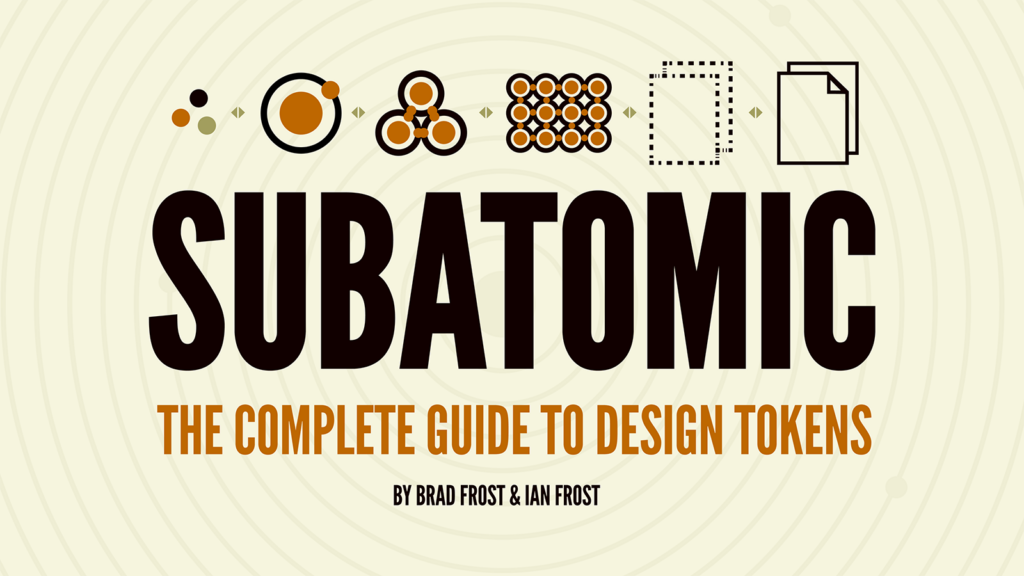 Promo image for Subatomic: The Complete Guide To Design Tokens which features atomic design's 5 icons with a new icon to the left of atoms consisting of three small circles. Those circles indicate design tokens.