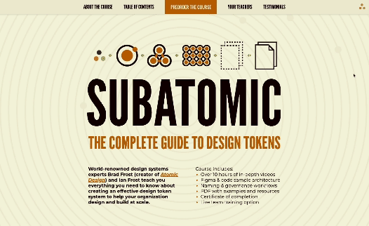 The Subatomic online course website switching themes between the regular design, dark mode, and a funny obnoxious theme